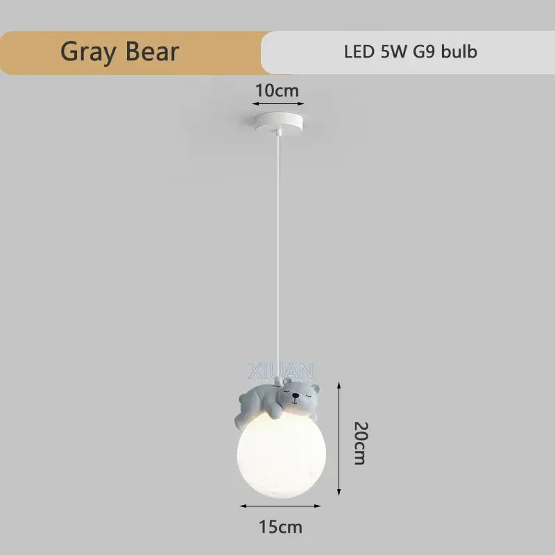Gray bear resin pendant lamp with plush bear figurine on white globe shade for children’s room lighting