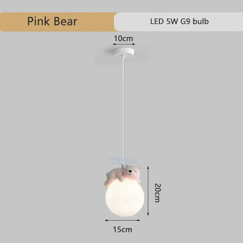 Decorbites™ animal resin pendant lamps featuring a pink bear resin pendant with a soft white spherical lampshade for children