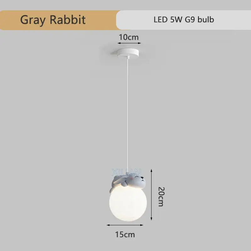 Decorbites gray rabbit-themed animal resin pendant lamp with soft white spherical shade for children’s room lighting