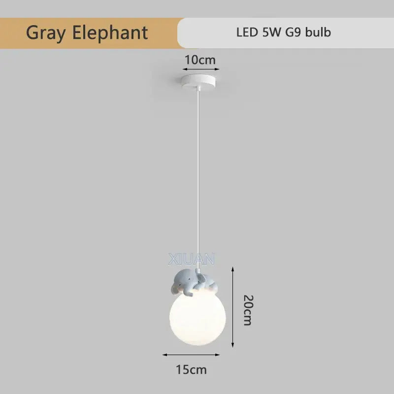 Gray elephant-shaped resin pendant lamp with white spherical shade and thin cord for children’s room decorbites pendant lamps