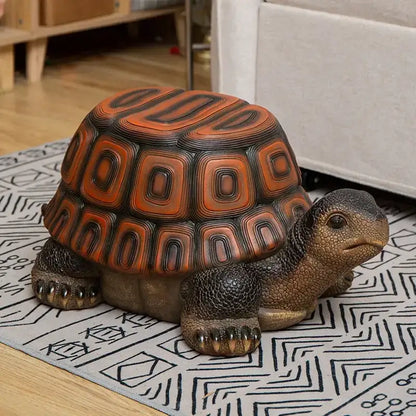 Decorbites™ animal resin sculpture footstool seat featuring a lifelike tortoise with glossy orange black shell and textured brown skin