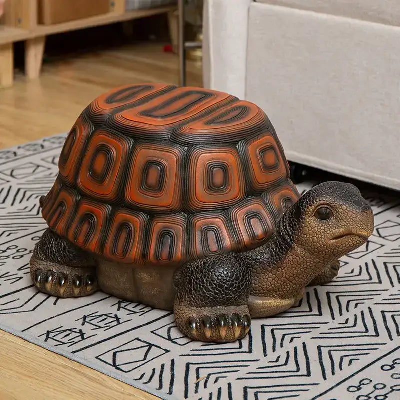 Decorbites™ animal resin sculpture footstool seat featuring a lifelike tortoise with glossy orange black shell and textured brown skin
