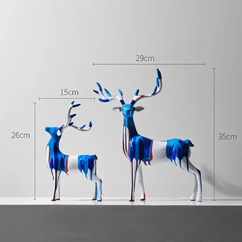 Stylish blue white and red abstract deer resin statues with dripping paint effect from decorbites animal resin statue collection