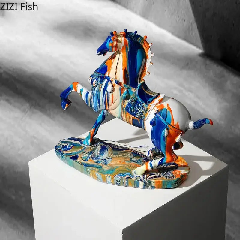 Vibrant abstract ceramic horse resin statue with flowing blue orange and white paint from decorbites animal resin collection