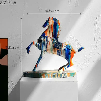 Vibrant abstract ceramic horse sculpture with flowing blue and orange streaks from decorbites animal resin statue collection
