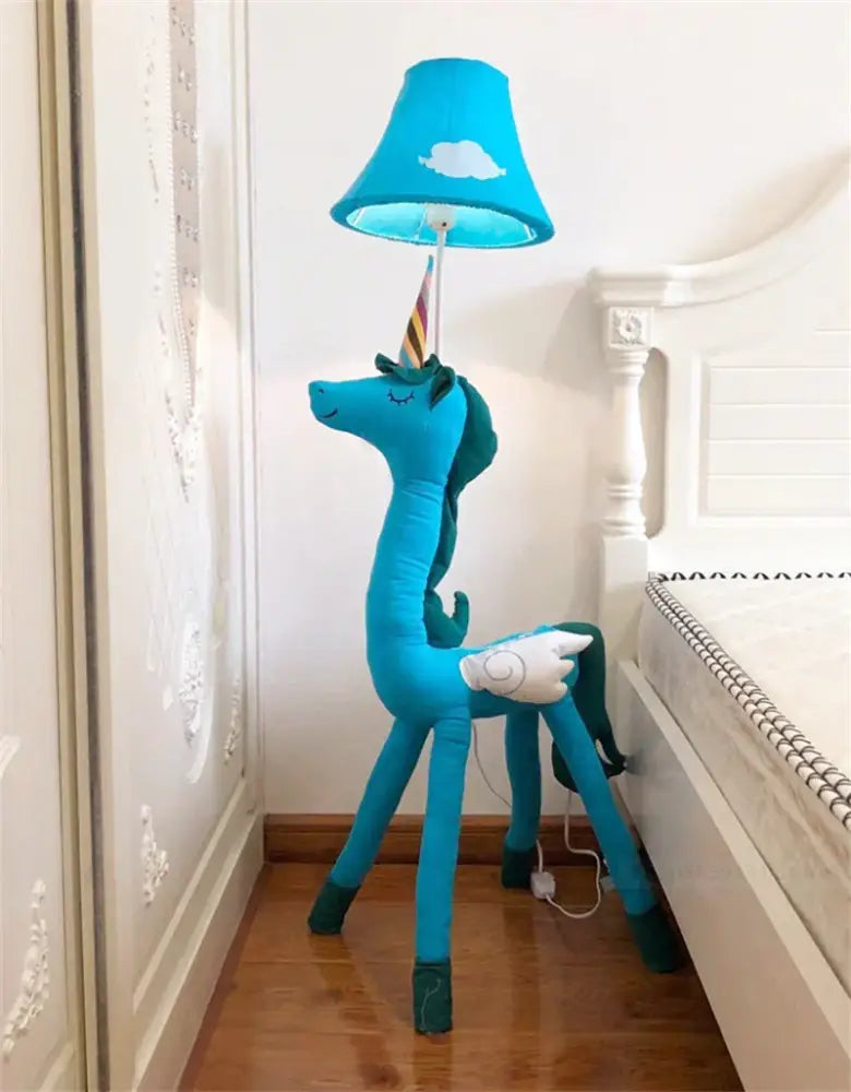 DecorBites™ turquoise plush animal shape led floor lamp with rainbow horn and cloud shade for children’s room decoration