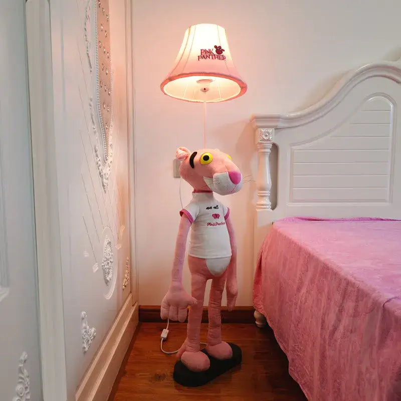 Decorbites™ animal shape led floor lamp featuring plush pink panther design with soft fabric and heart logo shirt