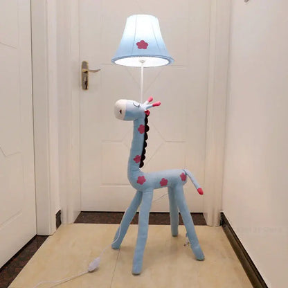 Light blue plush animal shape led floor lamp with pink floral accents and matching fabric shade for children’s room decoration