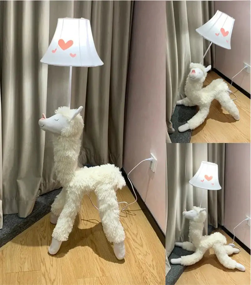 White plush alpaca-shaped animal shape led floor lamp with heart-patterned shade for children’s room decor by DecorBites