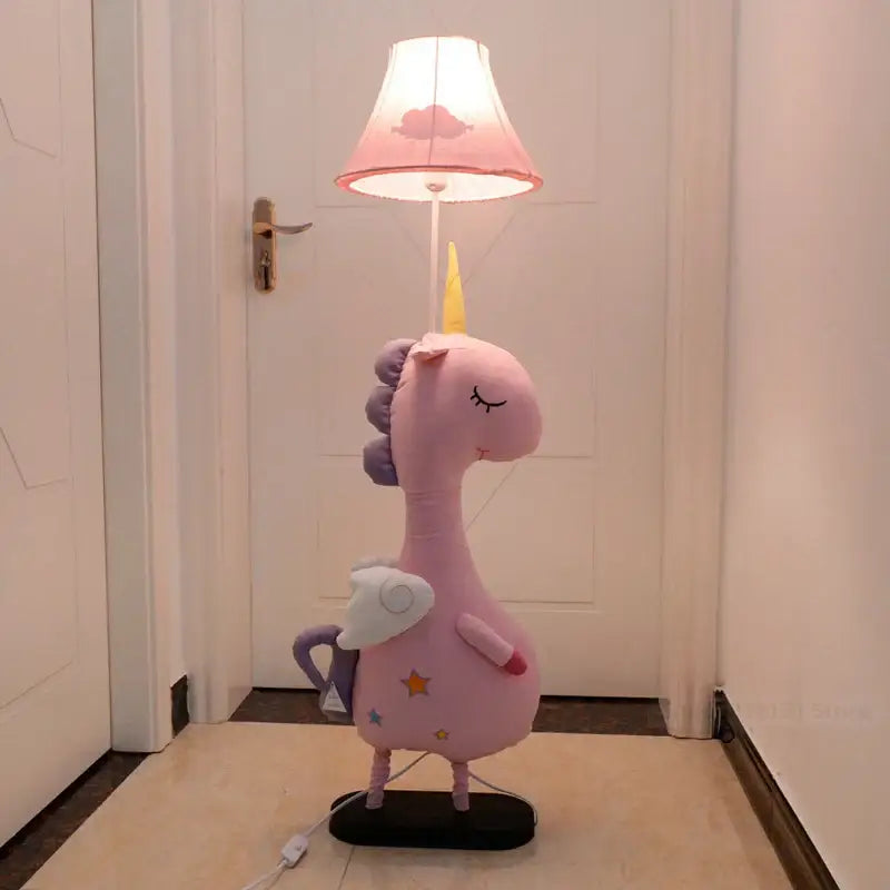 Pink plush unicorn floor lamp with yellow horn purple mane wings and star decals animal shape led for children’s room