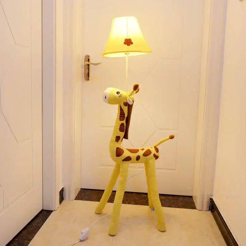 Yellow plush giraffe floor lamp with brown spots and floral shade animal shape led for children’s room decoration