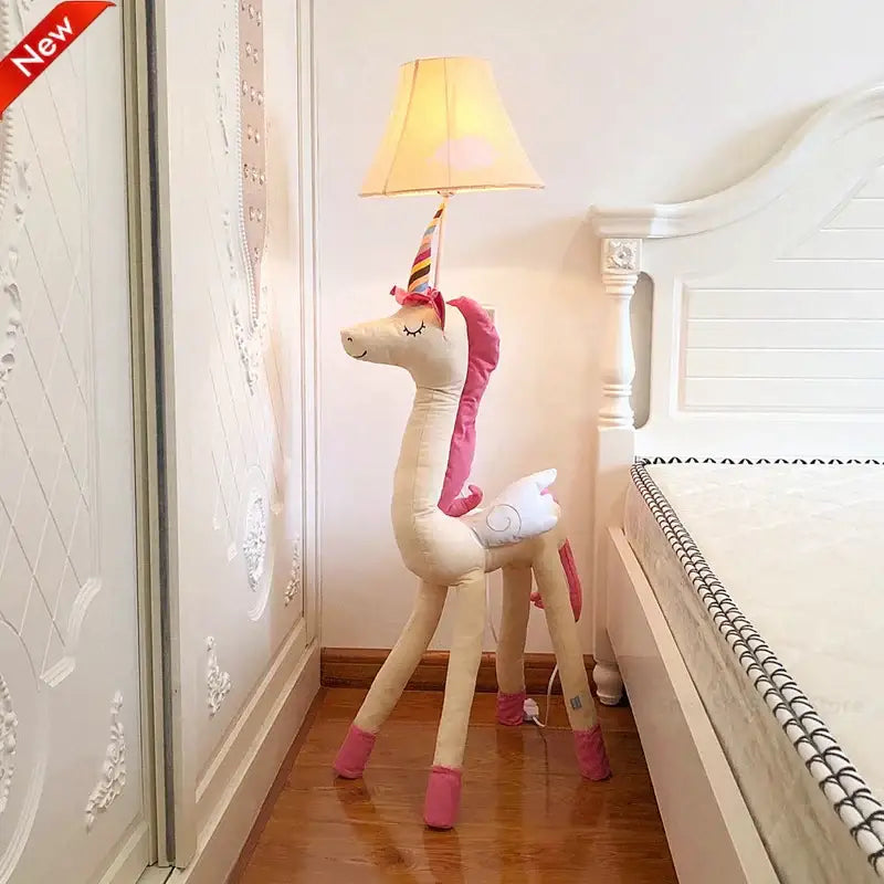 DecorBites™ plush unicorn animal shape led floor lamp with cream body pink mane and horn for children’s room decoration