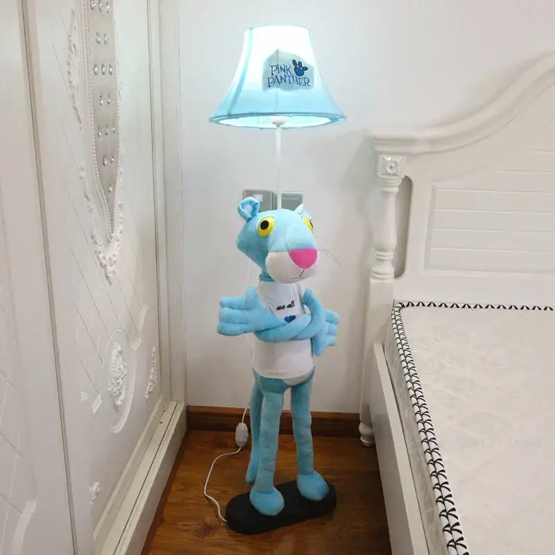 Light blue plush pink panther animal shape led floor lamp with white shirt and matching shade for children’s room decoration