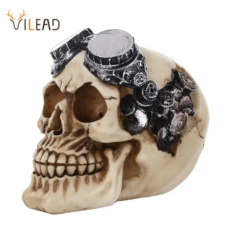 Decorbites™ steampunk skull head punk figurine with beige weathered finish and black metal gears for bar decoration