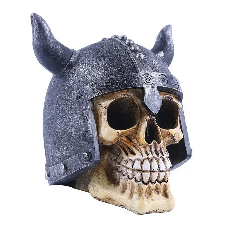 Black horned viking helmet animal skull ornament with weathered metallic finish and ornate crest for halloween decor