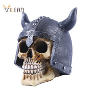 A dark gray resin animal skull ornament featuring a viking helmet with horns and metallic rivets for halloween decor