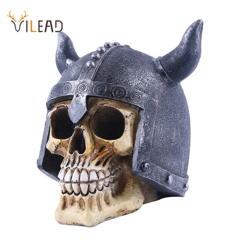 A dark gray resin animal skull ornament featuring a viking helmet with horns and metallic rivets for halloween decor