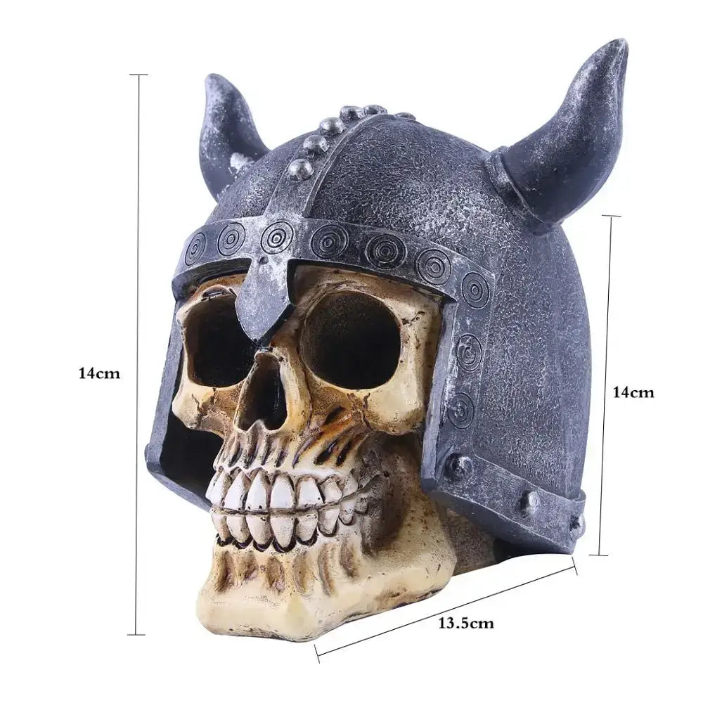 DecorBites™ resin animal skull ornament in dark gray and beige with viking helmet horns for Halloween decor and gifts