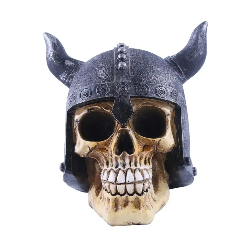 DecorBites™ resin animal skull ornament black and beige with viking helmet horns for Halloween decor and gifts