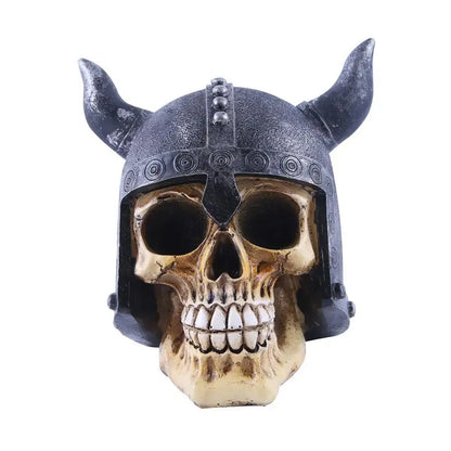DecorBites™ resin animal skull ornament black and beige with viking helmet horns for Halloween decor and gifts
