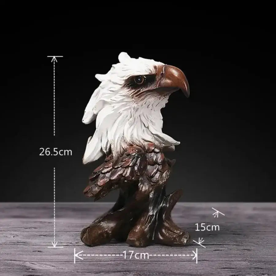 Detailed resin bald eagle head animal statue with white feathers and brown beak on textured tree stump base from decorbites animal statue collection
