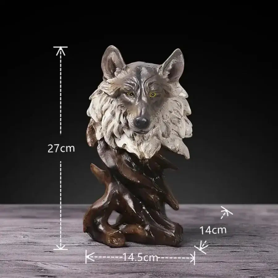 A detailed gray and white wolf head animal statue with textured fur on a dark brown wooden base from decorbites statue collection
