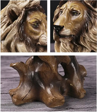 Bronze-colored lion head animal statue with detailed mane on rustic wooden base from decorbites animal statue collection