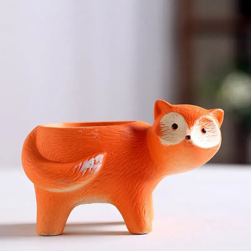 Orange ceramic fox-shaped animal vase succulent with white face and tail accents for garden decorbites vase succulent pot
