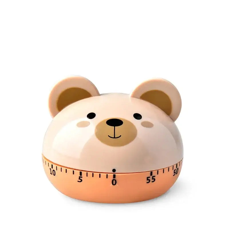 Cute beige bear-shaped kitchen timer with glossy finish and orange base featuring black markings animal vegetable shape