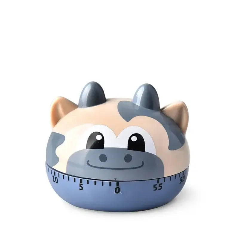 DecorBites animal vegetable shape digital kitchen timer in blue and beige cow design with 60 minute countdown and smiling face