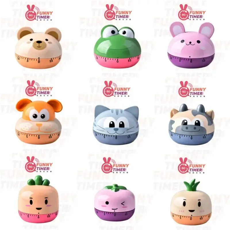 Decorbites™ animal vegetable shape digital kitchen timers in colorful cartoon designs with playful expressions and 60 minute countdown