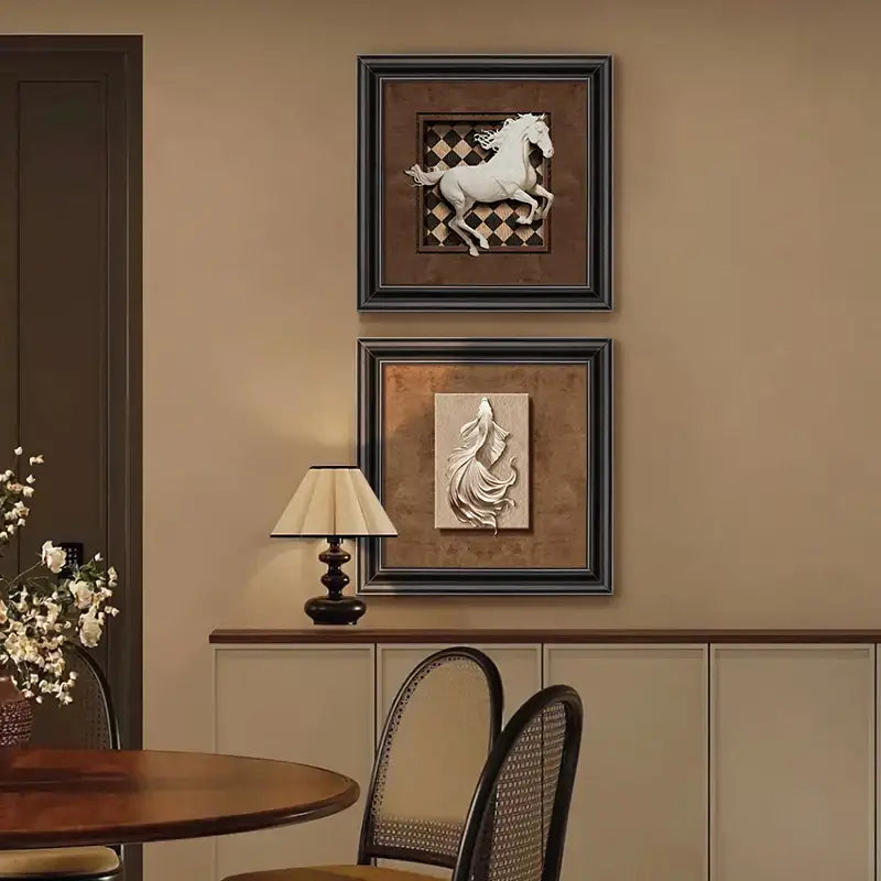 White sculpted horse animal wall decor in black wall decor frame set with checkered background for room aesthetic decoration