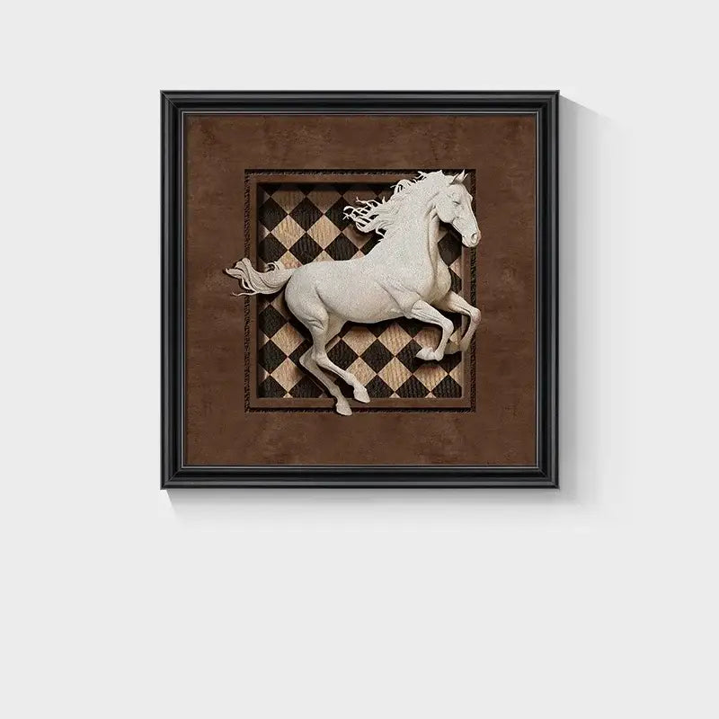 White three-dimensional horse sculpture with flowing mane in black wall decor frame set against brown checkered background