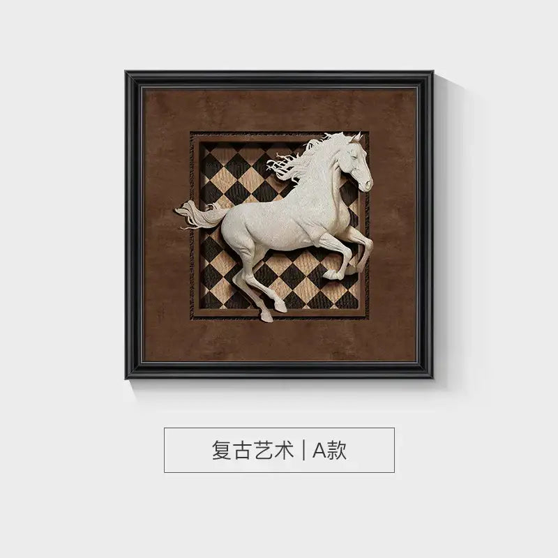 Decorbites animal wall decor frame set featuring a white sculpted horse in mid gallop with checkered background