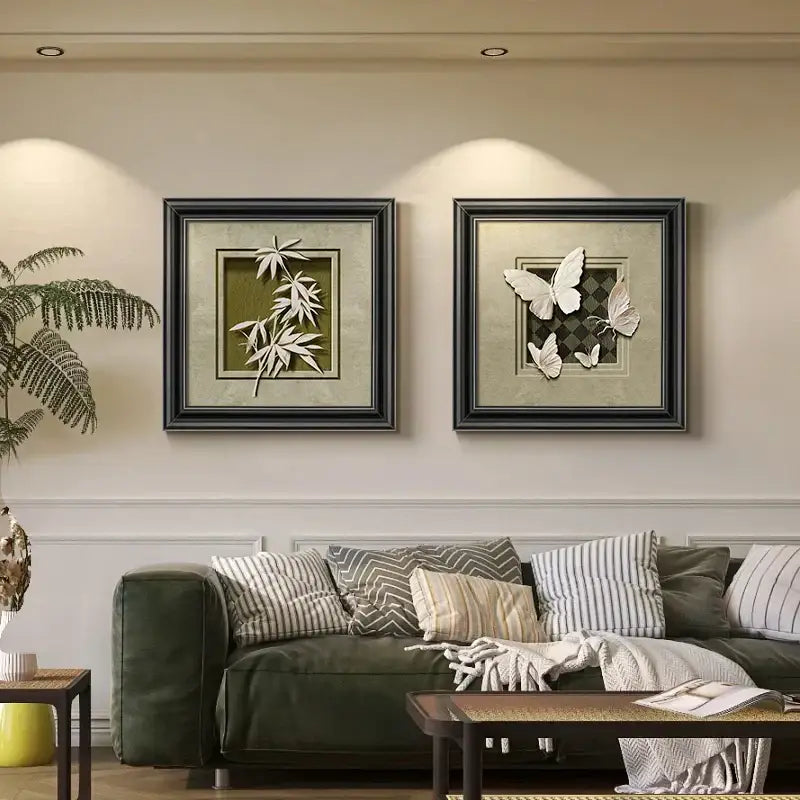 Black-framed 3d wall decor frame set with white paper-cut bamboo leaves and butterflies for animal wall decor