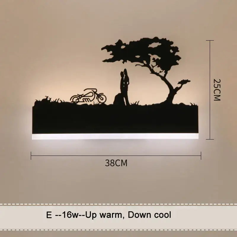 Black metal wall lamps featuring a silhouette of a person, motorcycle, and tree for living room and bedside lighting