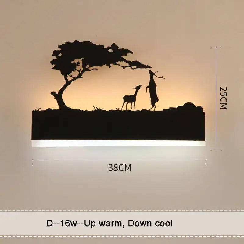 Black metal animal wall lamp featuring deer silhouette under tree illuminated with warm light for living room decor
