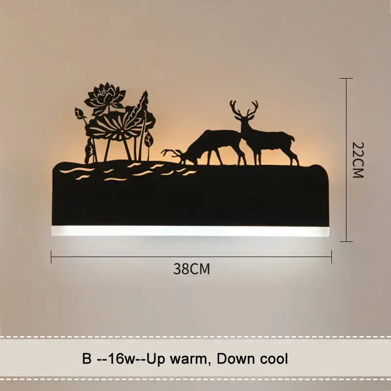 Black metal animal wall lamps featuring deer and lotus silhouettes illuminated for living room and bedside lighting