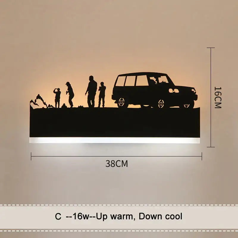 Black metal silhouette wall lamps featuring family and suv animal wall art with warm toned lighting for living room use