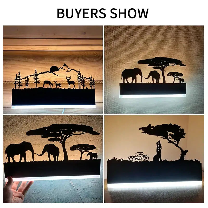 Black metal animal wall lamps with integrated led lighting featuring forest and elephant silhouettes for living room or bedside