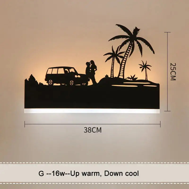 DecorBites™ black metal animal wall lamps featuring a couple silhouette by vintage car under palm trees with warm lighting