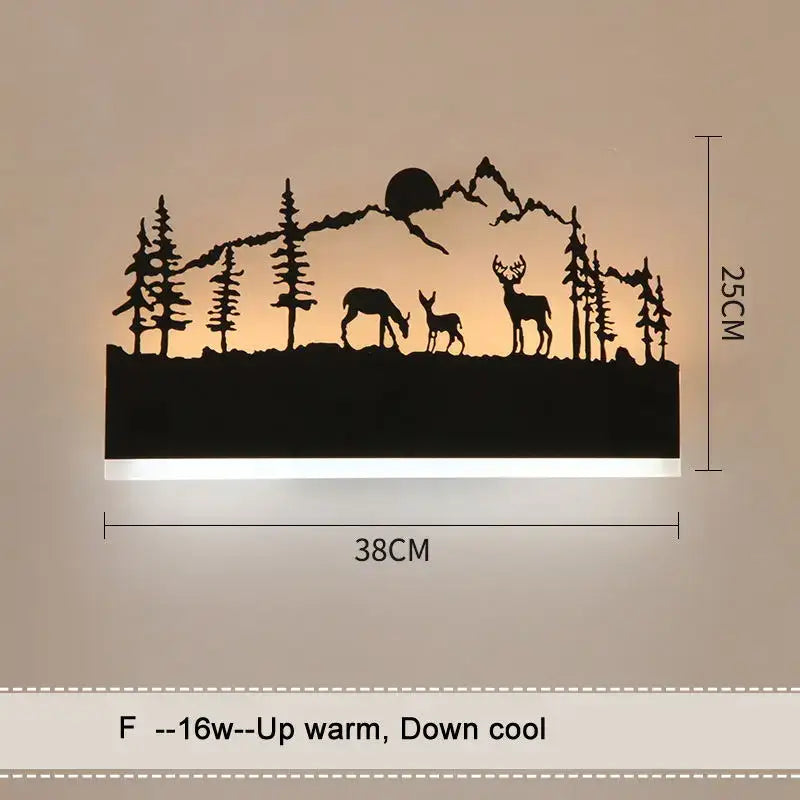 Black metal animal wall lamp with deer silhouette and integrated LED strip for living room and bedside lighting