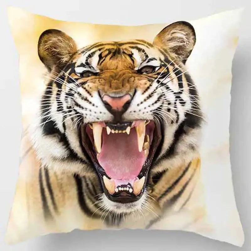 Decorbites animals world tiger lion pillow case with a vivid roaring tiger print in orange black on cream background