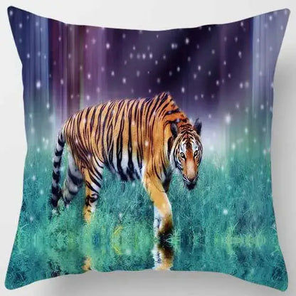Vibrant orange and black striped animals world tiger pillow case by decorbites with glossy print on green field under purple sky