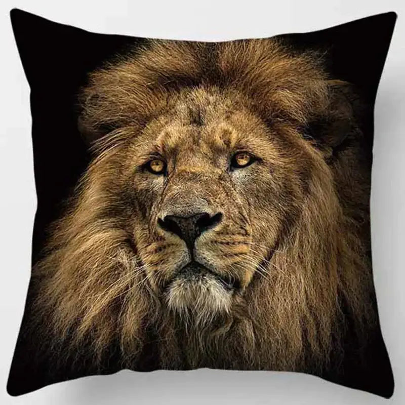 A square black pillow case from decorbites animals world featuring a detailed male lion face print for living room use