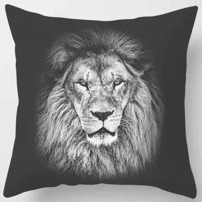 Black throw pillow case featuring a detailed black and white lion face print from decorbites animals world tiger collection