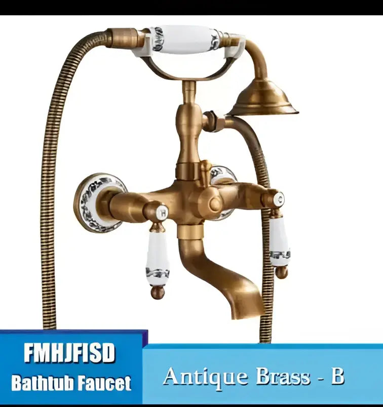 DecorBites™ antique brass wall mounted shower mixer set with white ceramic handles and decorative vintage spout
