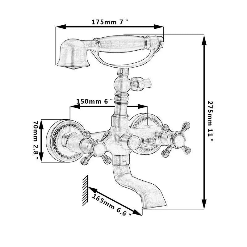 DecorBites™ antique brass wall mounted shower mixer set with integrated showerhead and cross-handle controls