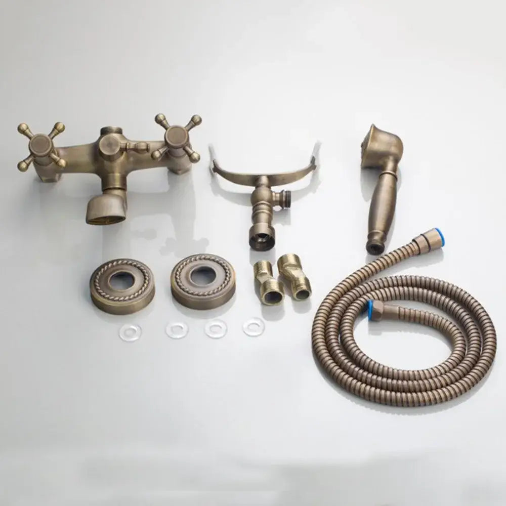 DecorBites™ antique brass wall mounted shower mixer set with cross handles handheld showerhead and flexible hose