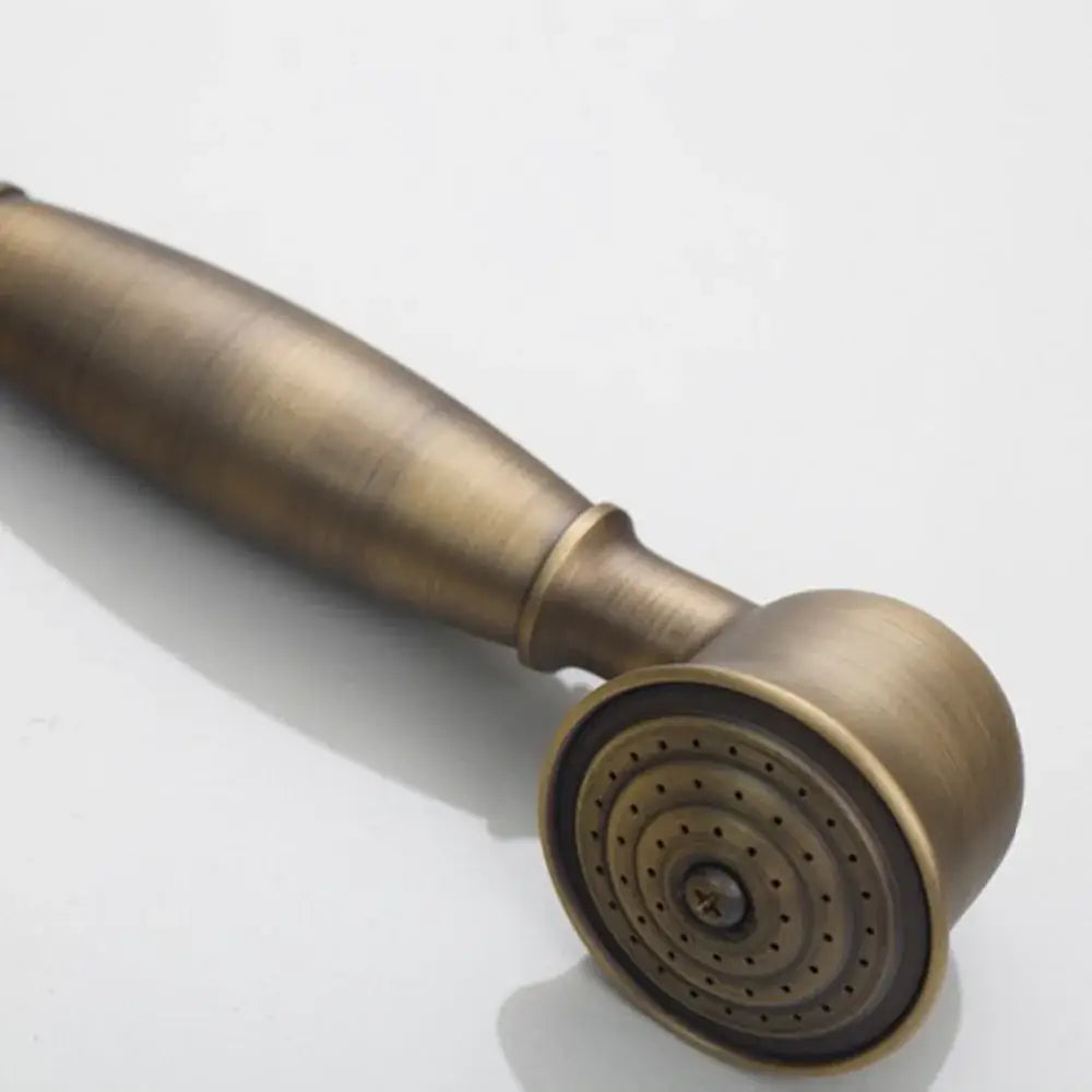 Decorbites antique brass wall mounted shower mixer set with handheld brass-finished showerhead and circular nozzle face